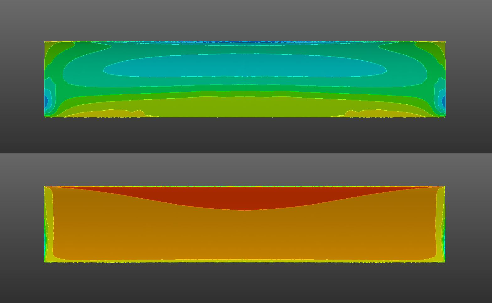 Figure 4: Surface pressure contours on the low-pressure (top) and high-pressure (bottom) surfaces of the 3D test aerofoil