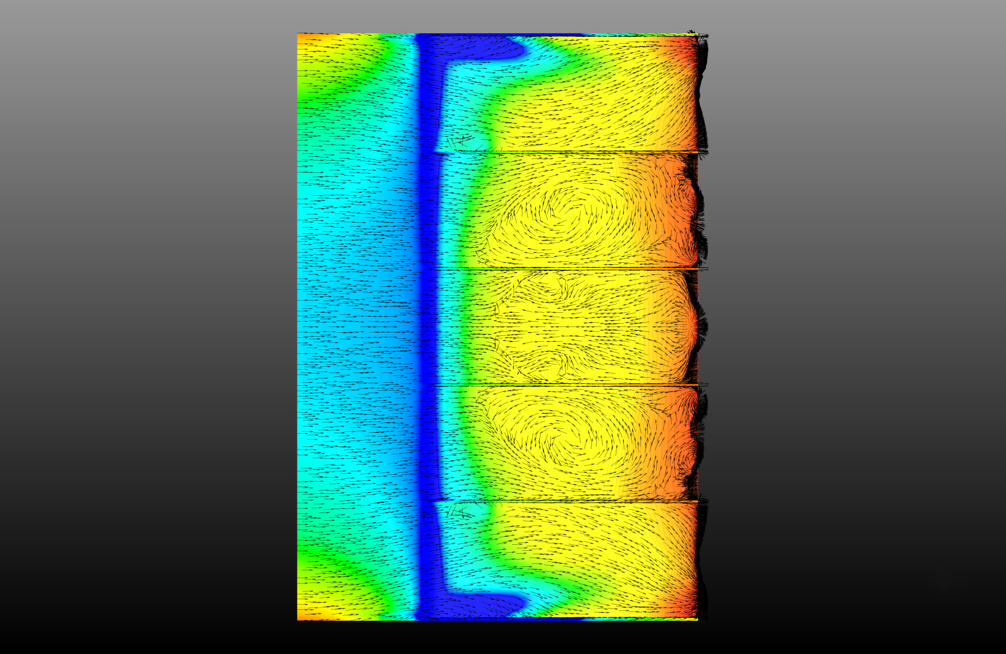 Figure 5: CFD surface flow vectors and pressure contours showing reduced vortex intensity with diffuser strakes installed