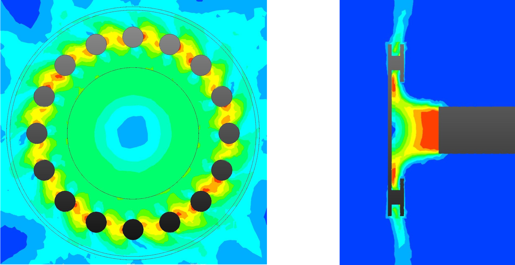 Figure 10: CFD velocity contours in front and side section views of the pillar vane brake rotor showing airflow deceleration at the outlet