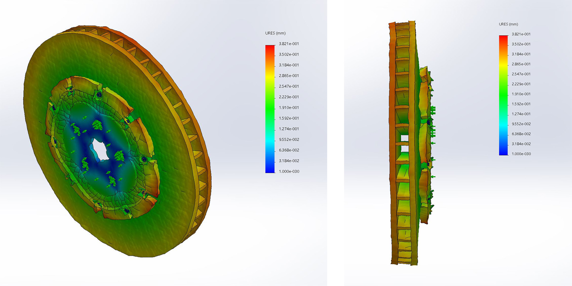 FEA deformation plot of the floating disc at 100x scale showing reduced anisotropic expansion versus the 2-piece configuration