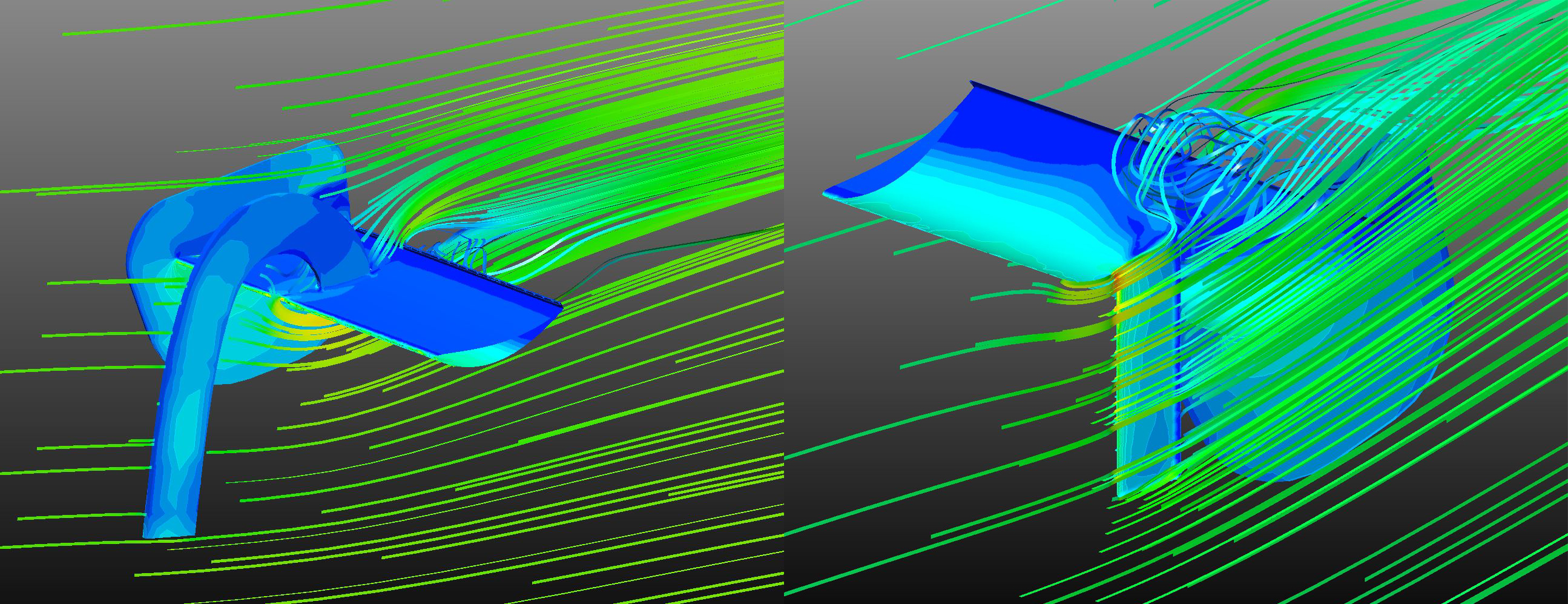 Figure 22: 3D streamlines tracing airflow past wing pylons in the upper-surface (left) and lower-surface (right) mounting configurations