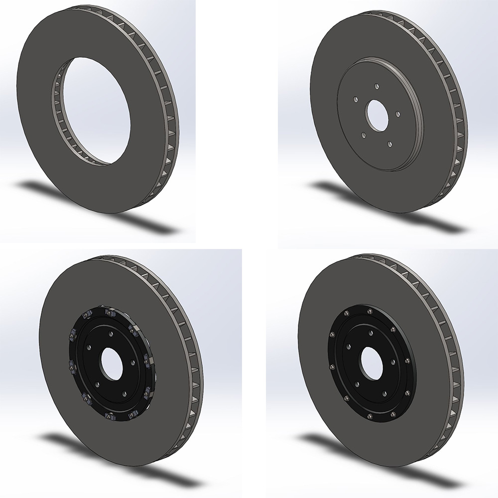 Four CAD brake disc models in clockwise order: control disc, solid disc, 2-piece disc, and floating disc