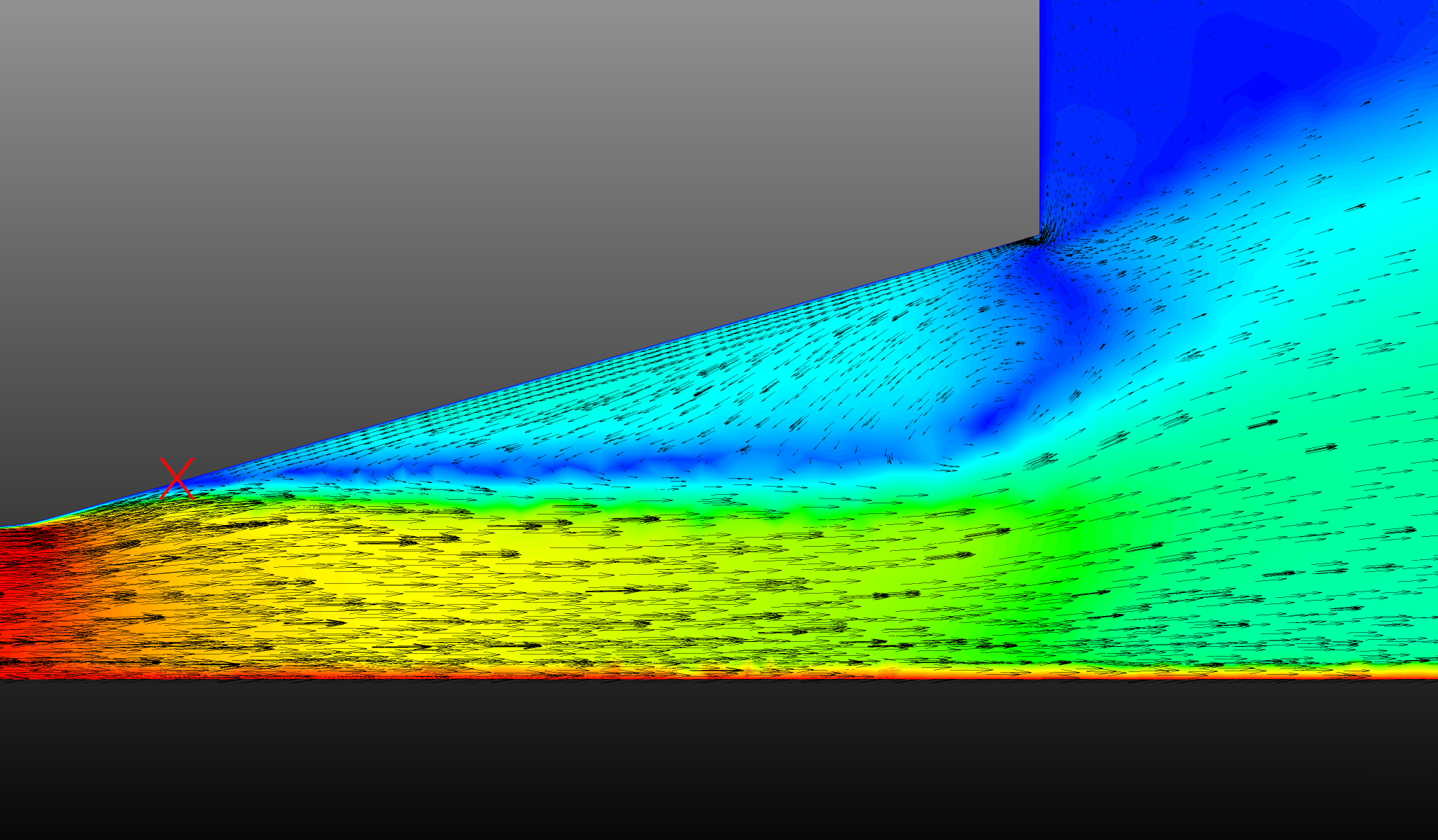 Figure 5: CFD showing the point of flow separation and reverse recirculation in the diffuser section