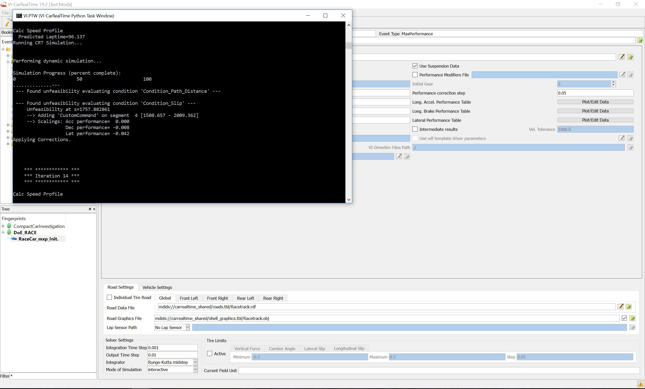 Screencap of VI-grade vehicle dynamics software iteratively solving a lap time simulation