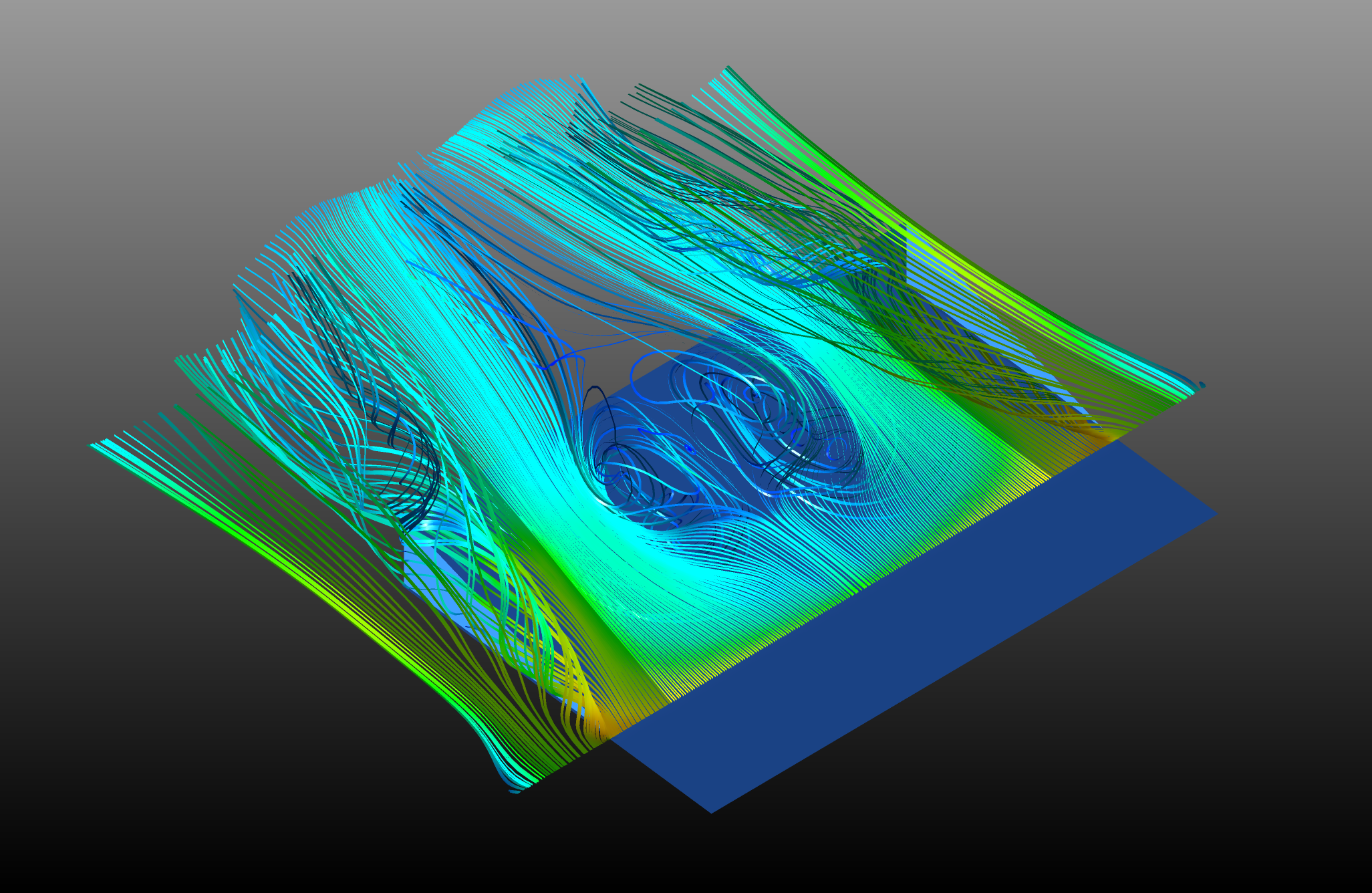 Figure 1: CFD streamlines showing collapsed vortices and expanded separation bubble in the diffuser at -37.5mm ride height