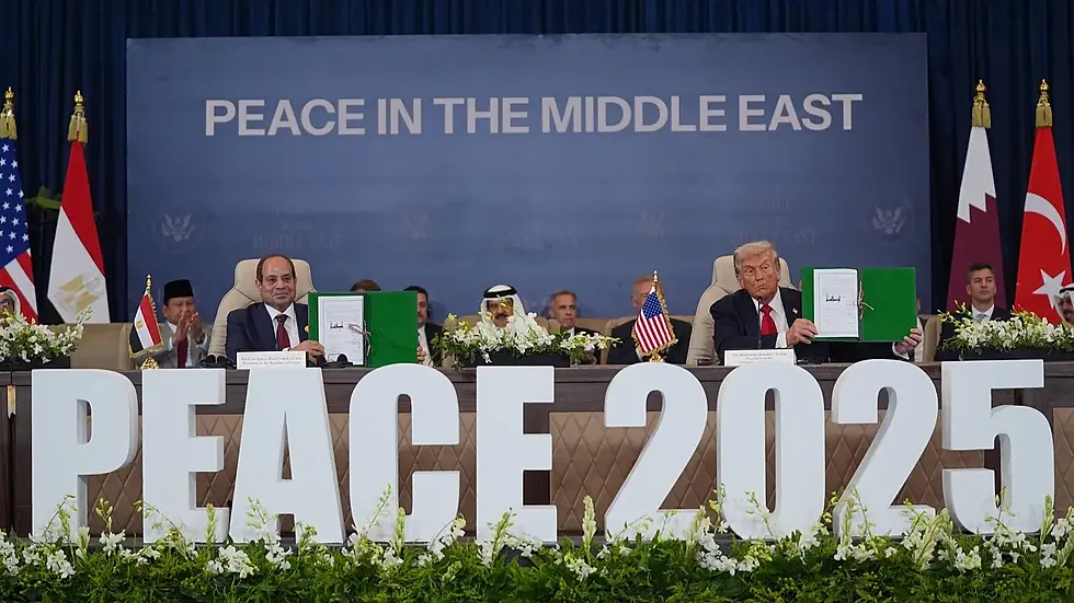 Egyptian President Abdel Fattah El-Sisi and U.S. President Trump co-chair a peace summit in Egypt's Sharm el Sheikh via AP Photo/Evan Vucci