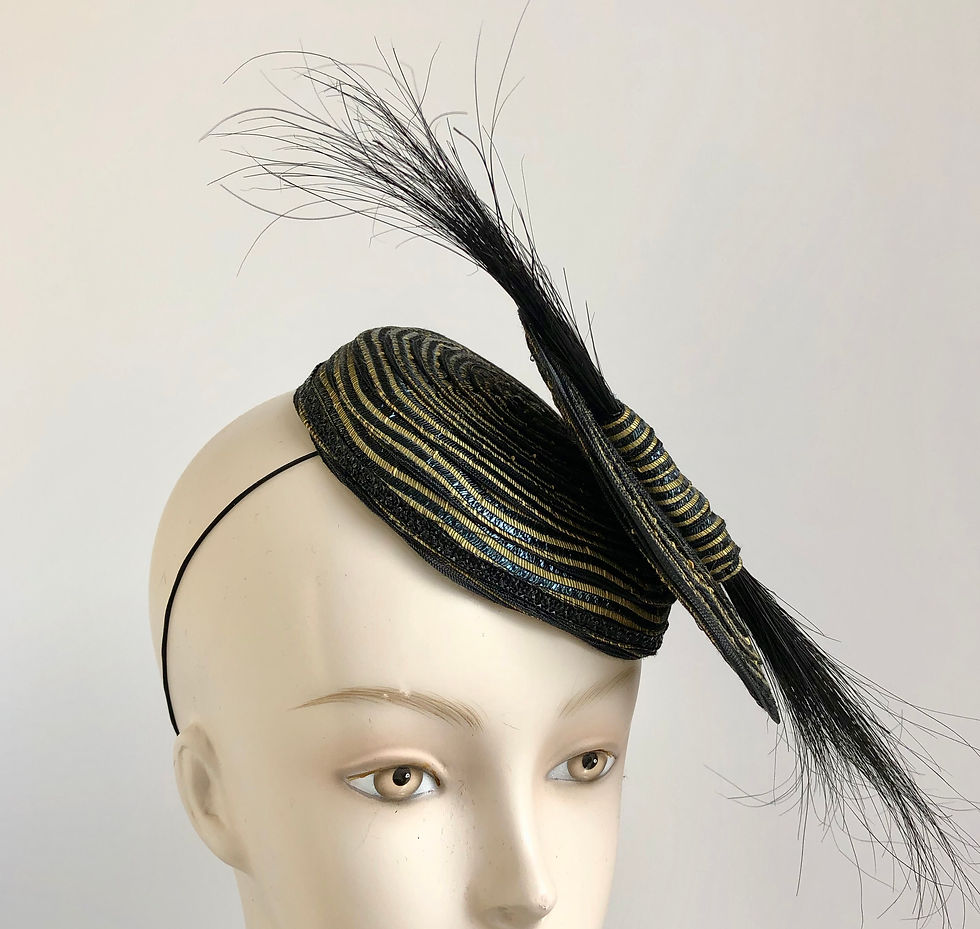 Thumbnail: Platter fascinator (black/gold w/ peacock flue)