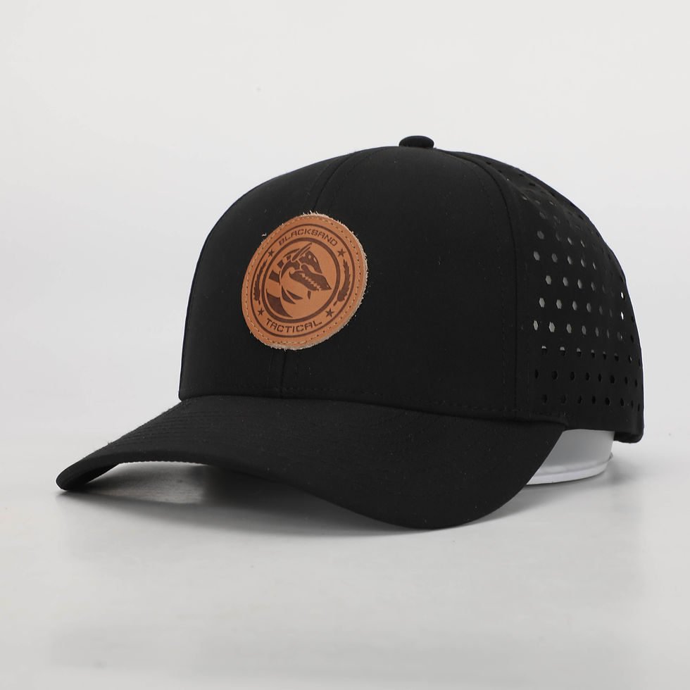 Deaths Adversary Hat — 6-panel, ventilated, water-resistant outdoor hat with leather Blacksand tactical logo.