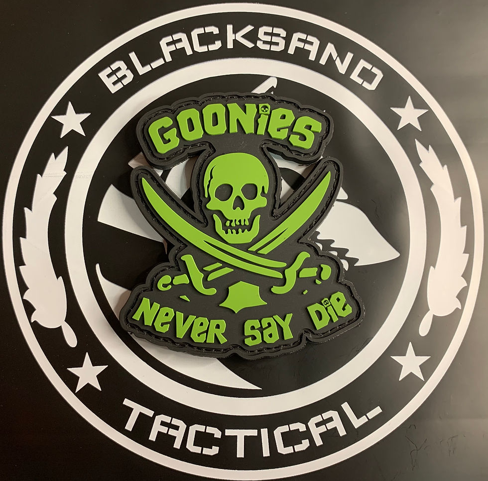 “The Goonies” PVC Patch featuring skull-and-crossbones design with hook backing.