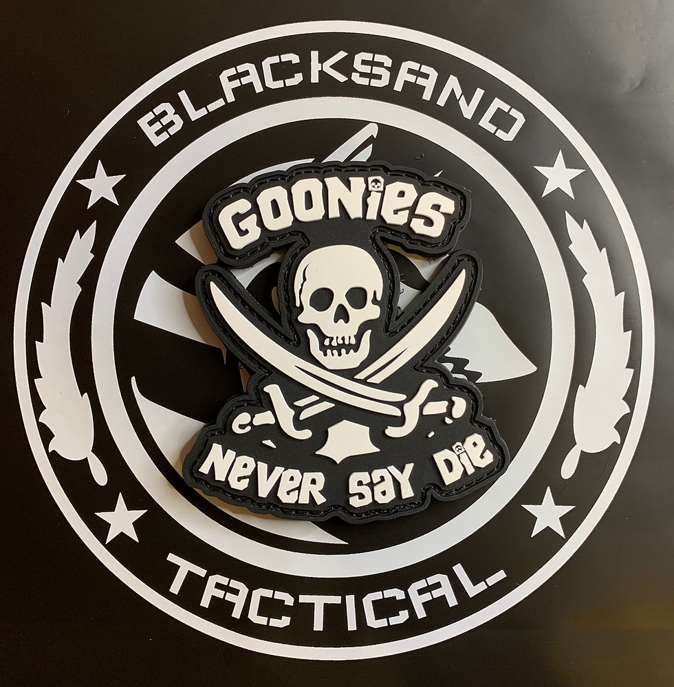 “The Goonies” PVC Patch featuring skull-and-crossbones design with hook backing.