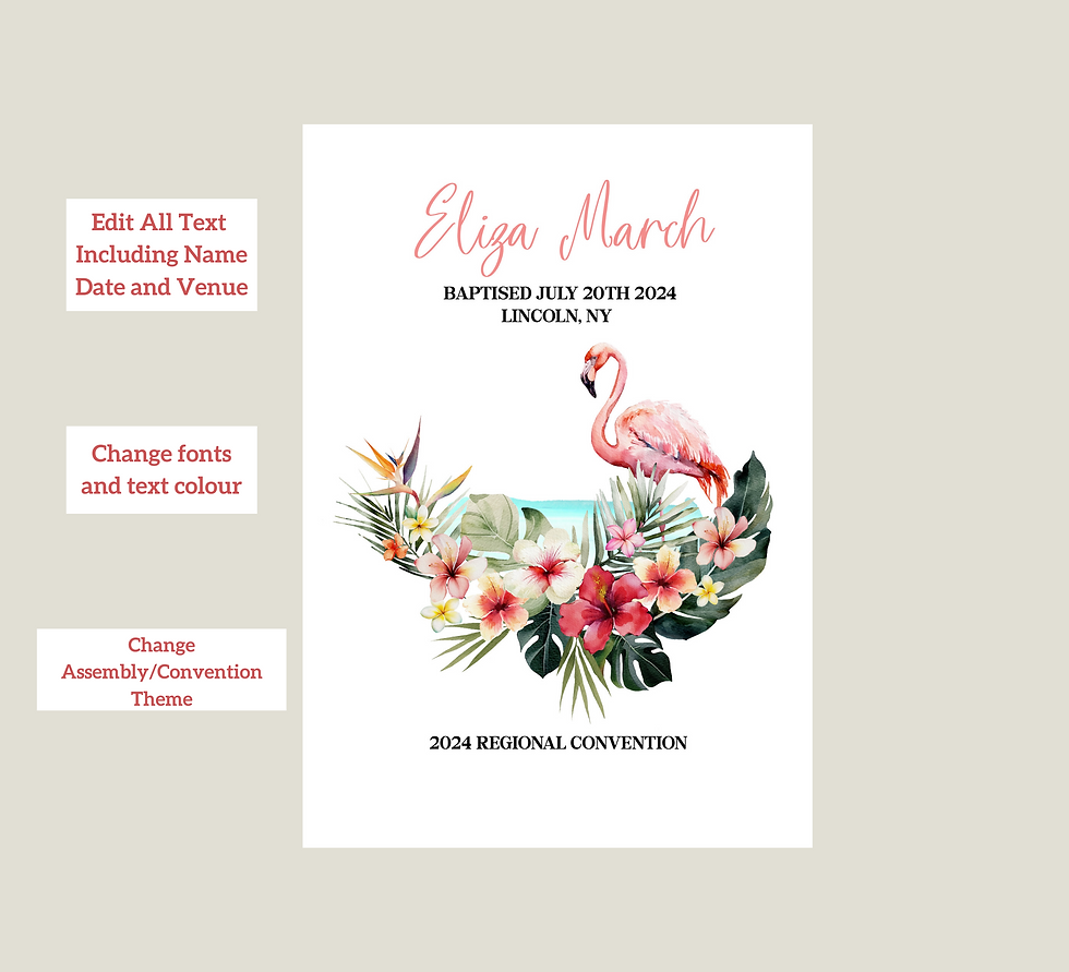 Editable Printable Baptism card for Jehovahs Witnesses. Featuring a tropical design with a flamingo.