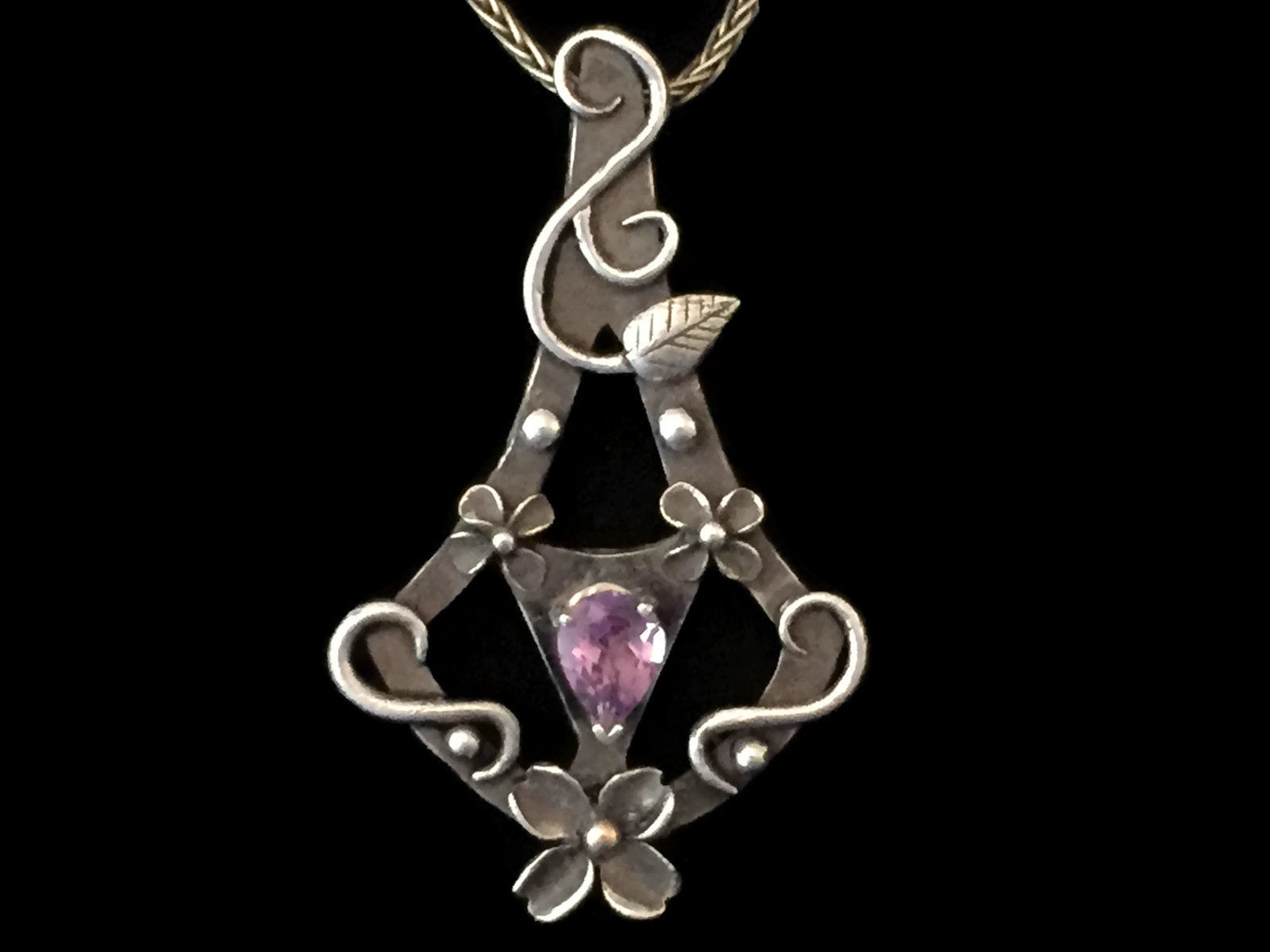 Dogwood Blossom Flower Trellis Pendant with Amethyst~Fine Silver w/ 14K Gold