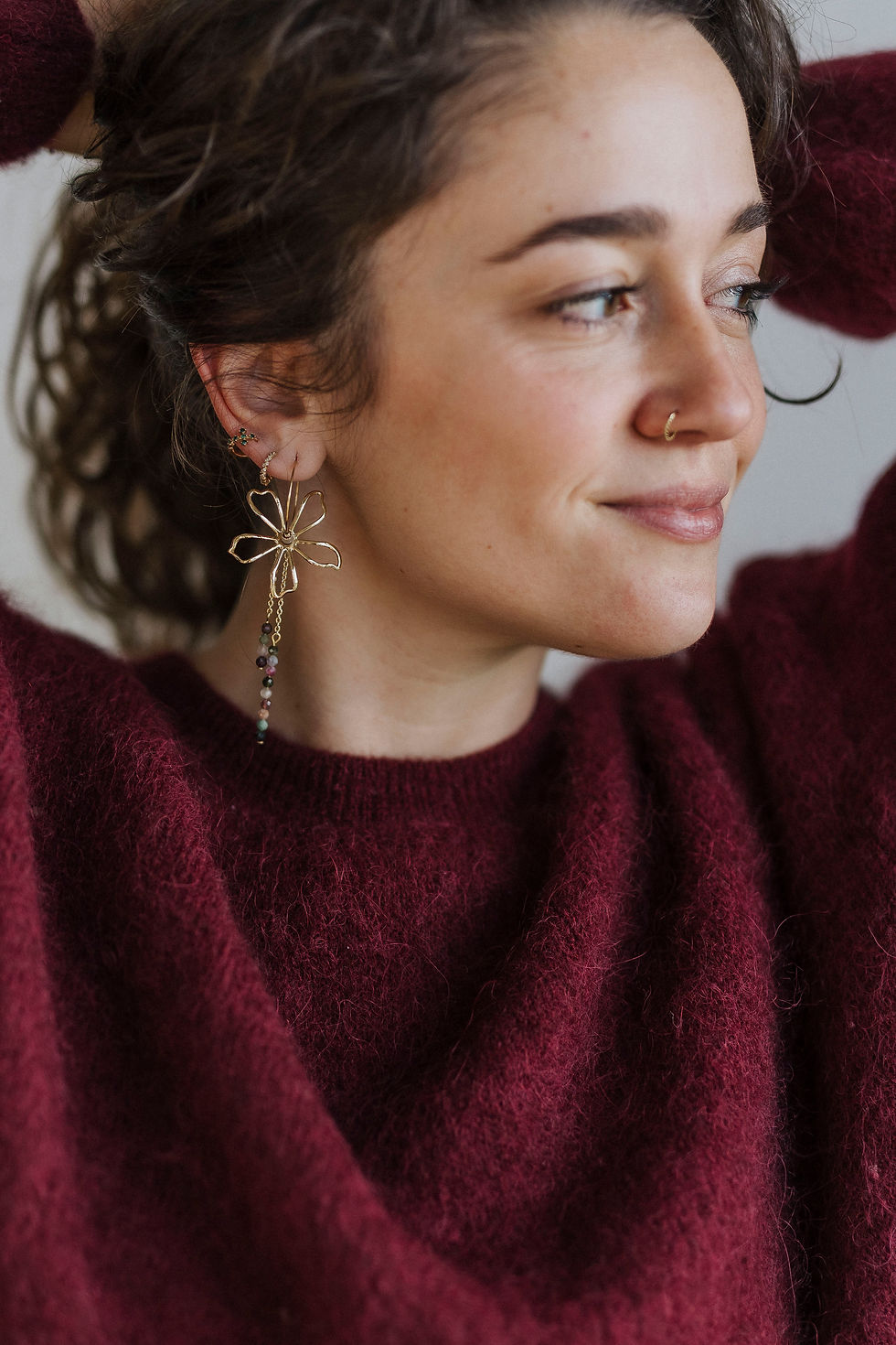 Créoles Double fleurs & tourmalines - Boucles d'oreilles asymétriques