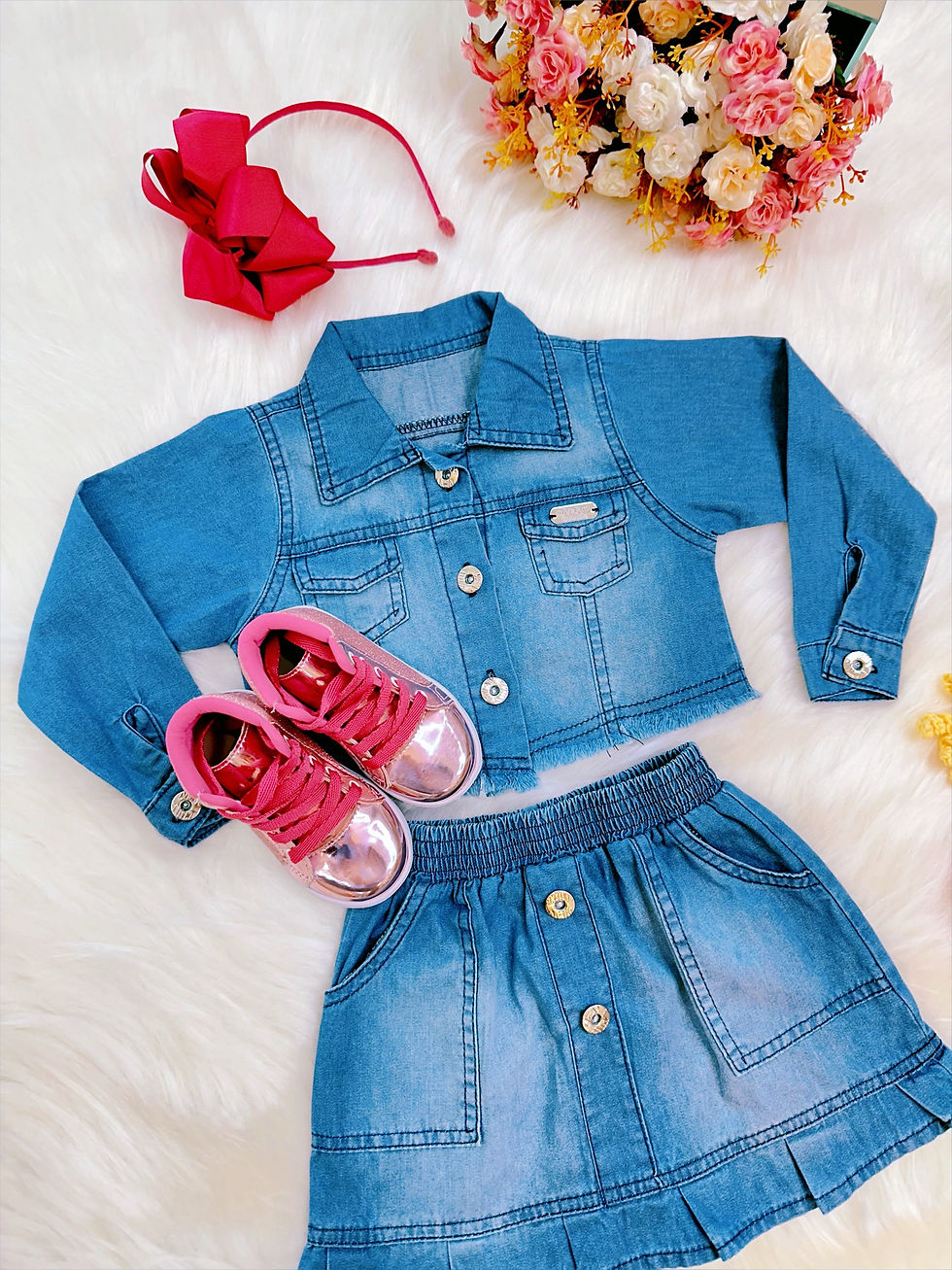 Miniatura: Conjunto Infantil Jaqueta e Saia Jeans Azul Luxo
