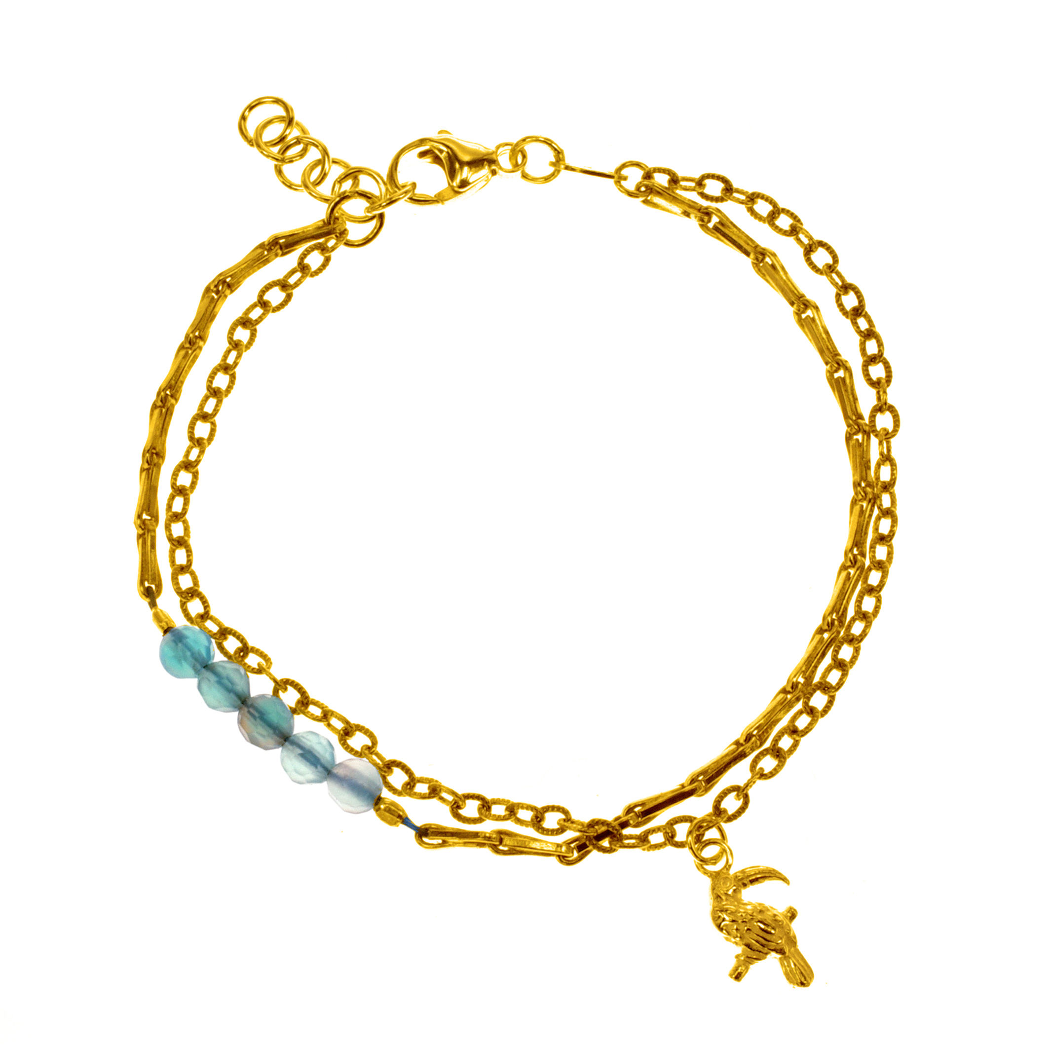 Bracelet toucan pendant blue gemstone beads gold plated