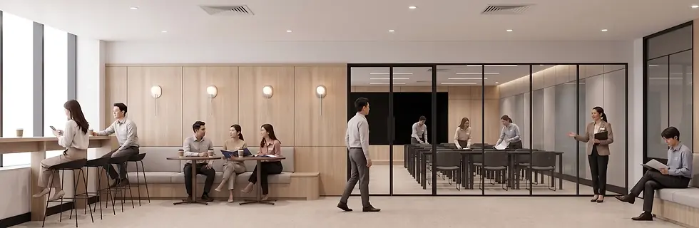 Design visualisation of the GOFX business lounge with built-in seating and a glazed partition separating the social area from the seminar room.