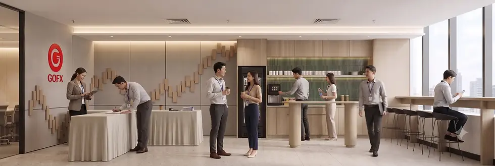 Design visualisation of the GOFX registration and refreshment area, featuring a financial-chart-inspired wall and window-side seating at The Ninth Towers Rama 9.