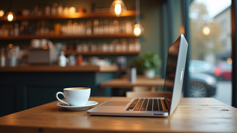 Eye-level view of a cozy coffee shop table with a laptop and a cup of coffee