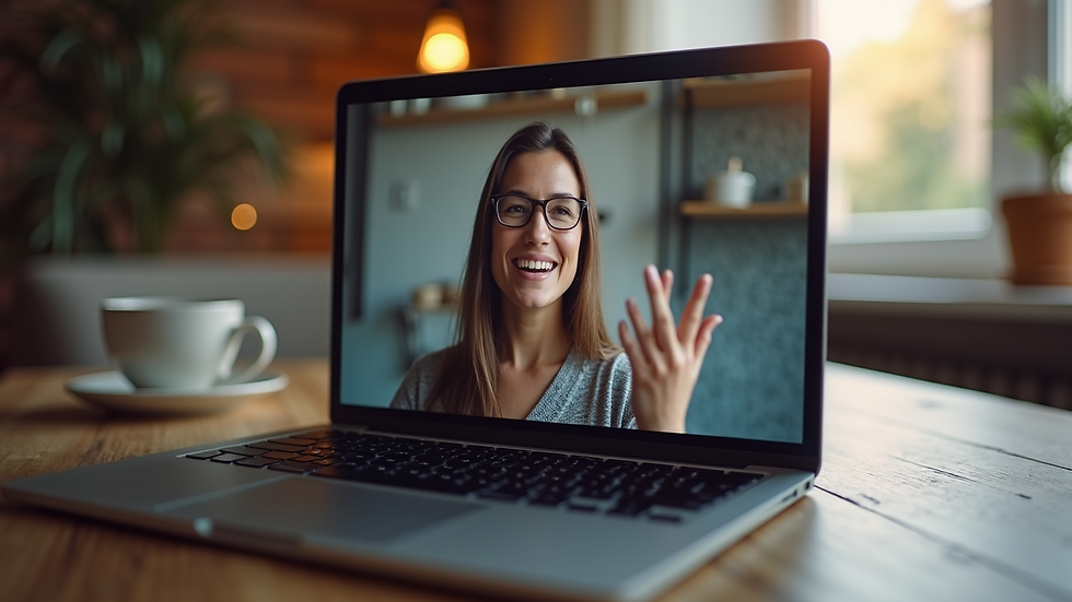 Close-up view of a laptop screen showing a cozy video chat interface