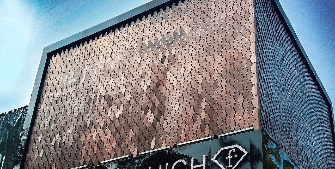 Kinetic facade system installation on building exterior elevation in Kerala