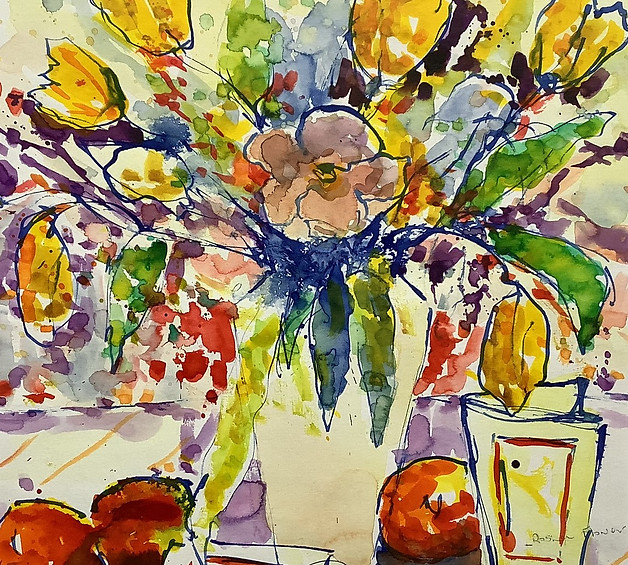 Spring Flowers with Fruit  Ink & Watercolour  Unframed with Mount 54 x 54cm £300.JPEG