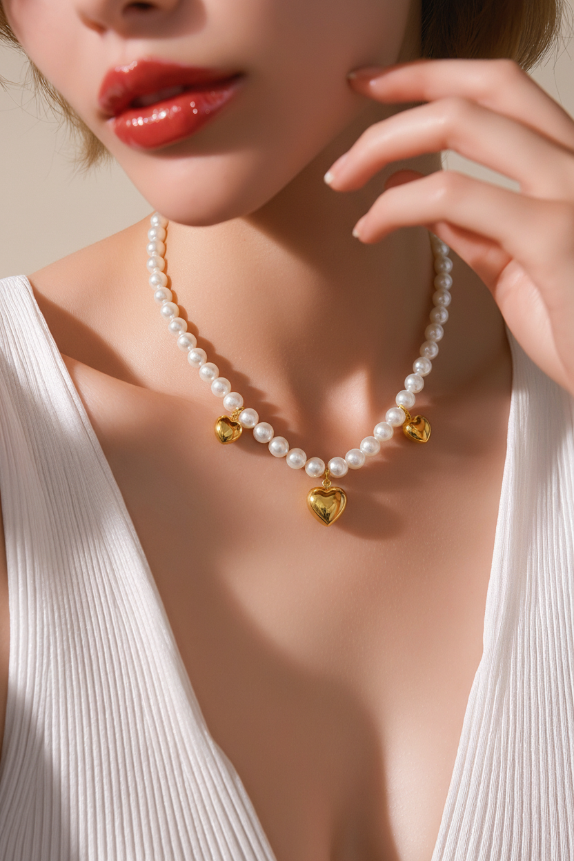 Miniatura: Collana Perle Naturali e Cuori Oro