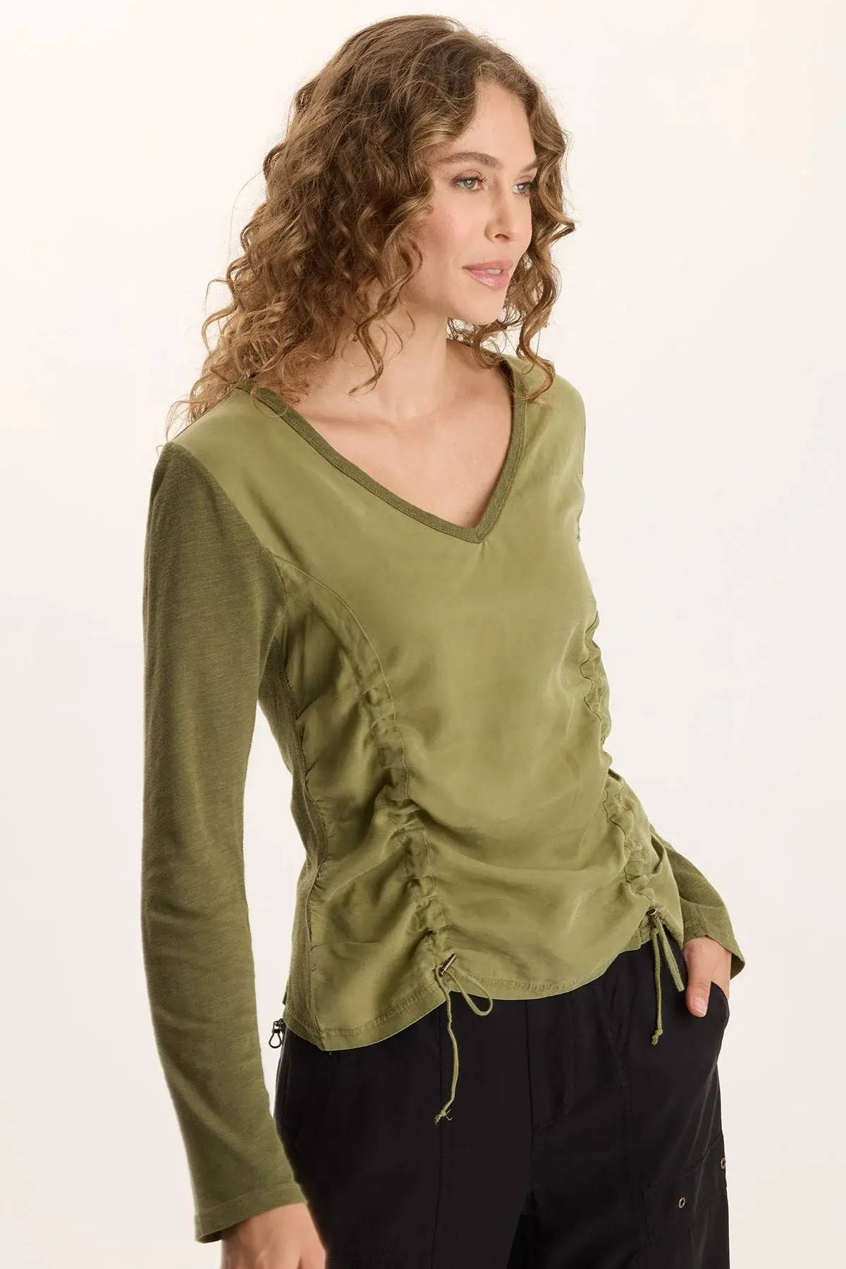 XCVI KETTI LONG SLEEVE TWILL/JERSEY RUCHED V-NECK  In Thicket Pigment