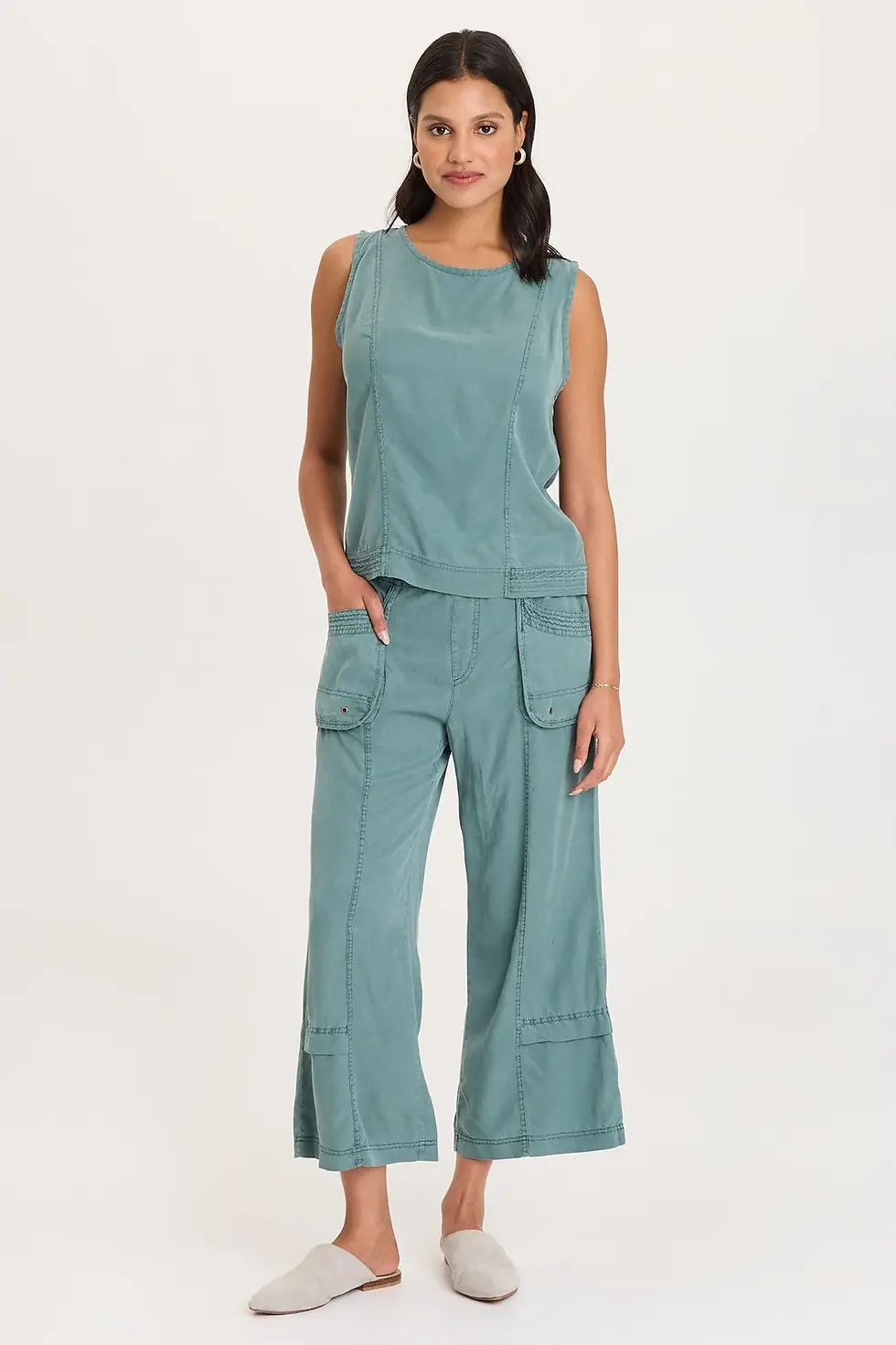Thumbnail: XCVI DAVIES STITCHED HEM TWILL/JERSEY TANK  In Ocean Storm Pigment