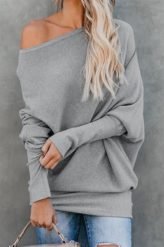 Slouchy One Shoulder Dolman Sleeves Ribbed Sweater