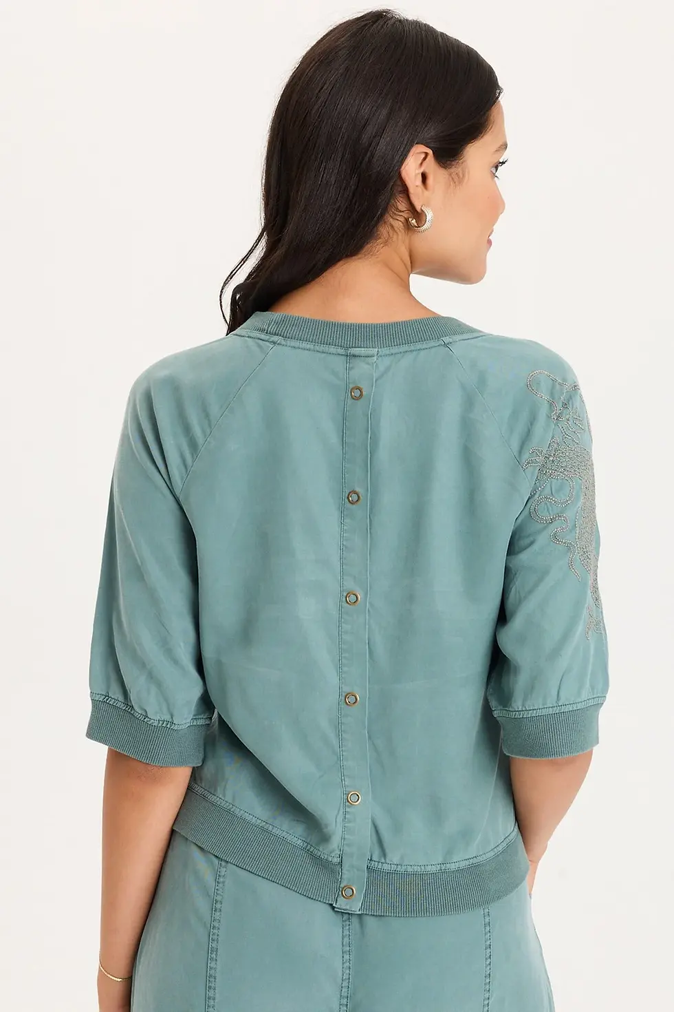 Thumbnail: XCVI LINTON EMBROIDERED TWILL/RIB SNAP-UP BACK TOP  In Ocean Storm Pigment