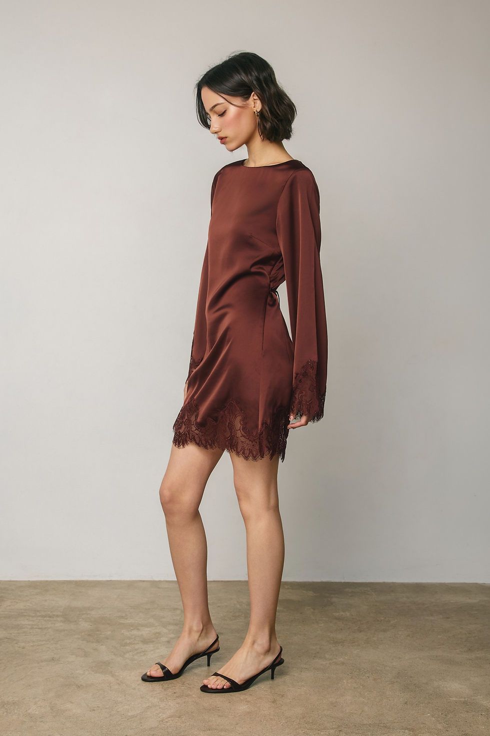 Thumbnail: Satin & Lace Long Sleeve Mini Dress