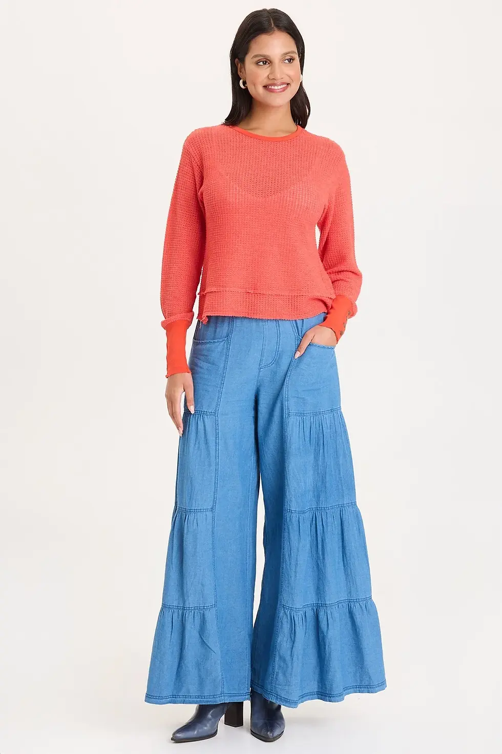 Thumbnail: XCVI DUGAN MOCK-DENIM SIDE TIERED WIDE LEG PANT  In Etiolate Wash