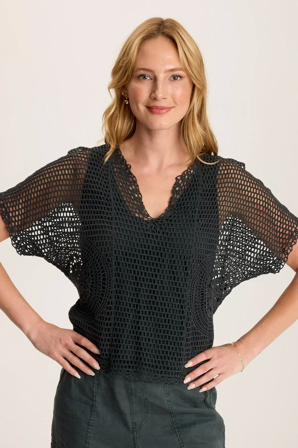 XCVI CENTRE CROCHET LAYERED TOP In Silken Pine Pigment