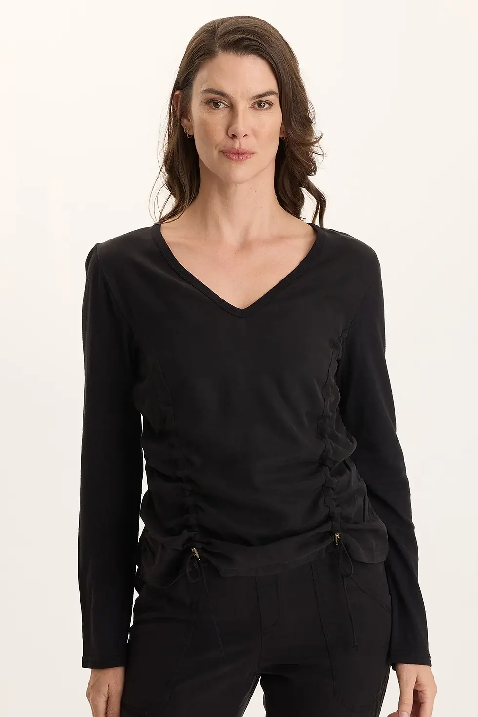 XCVI KETTI LONG SLEEVE TWILL/JERSEY RUCHED V-NECK In Black