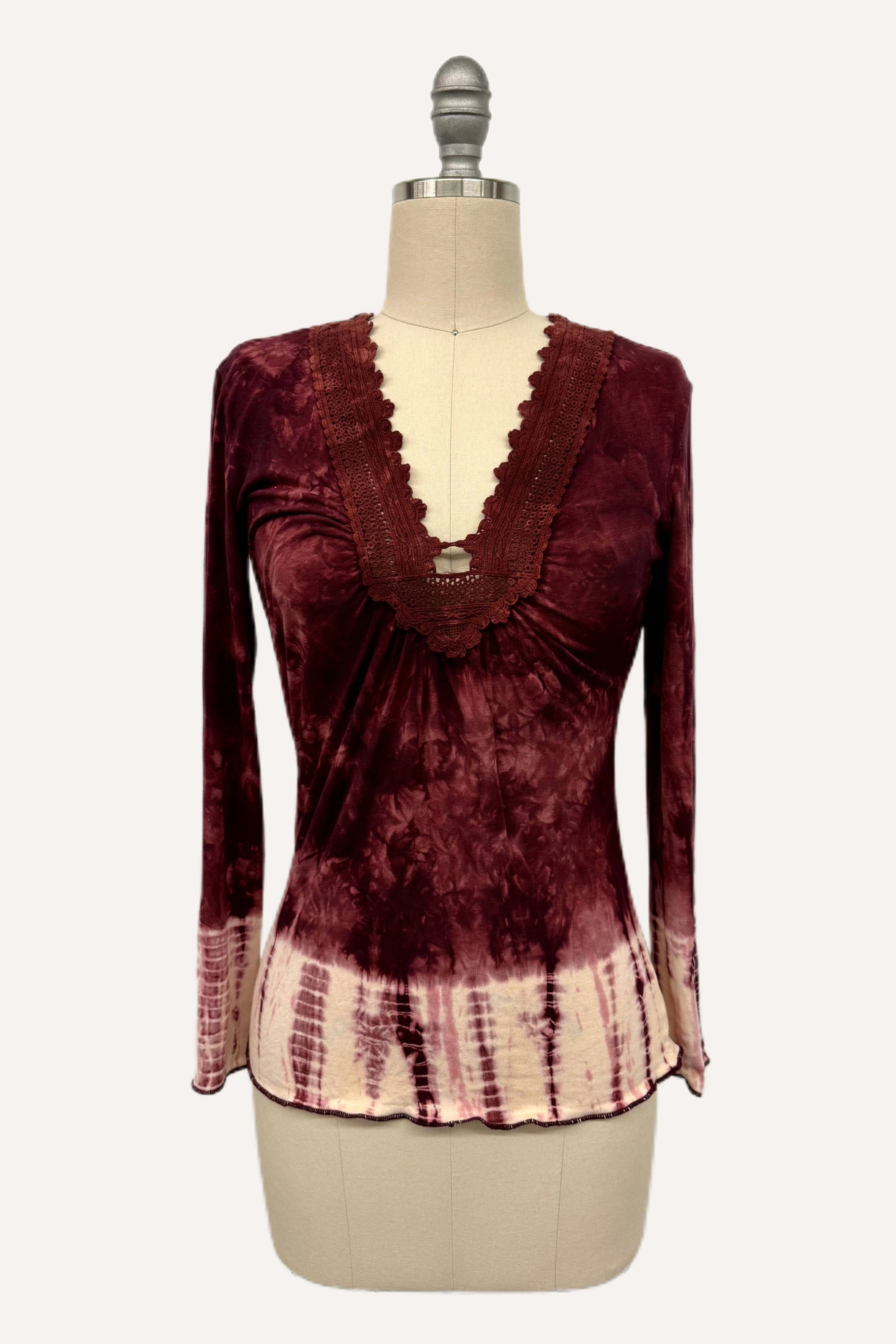 Tparty Tparty Dye V Neck Lace Trim Long Sleeve Top