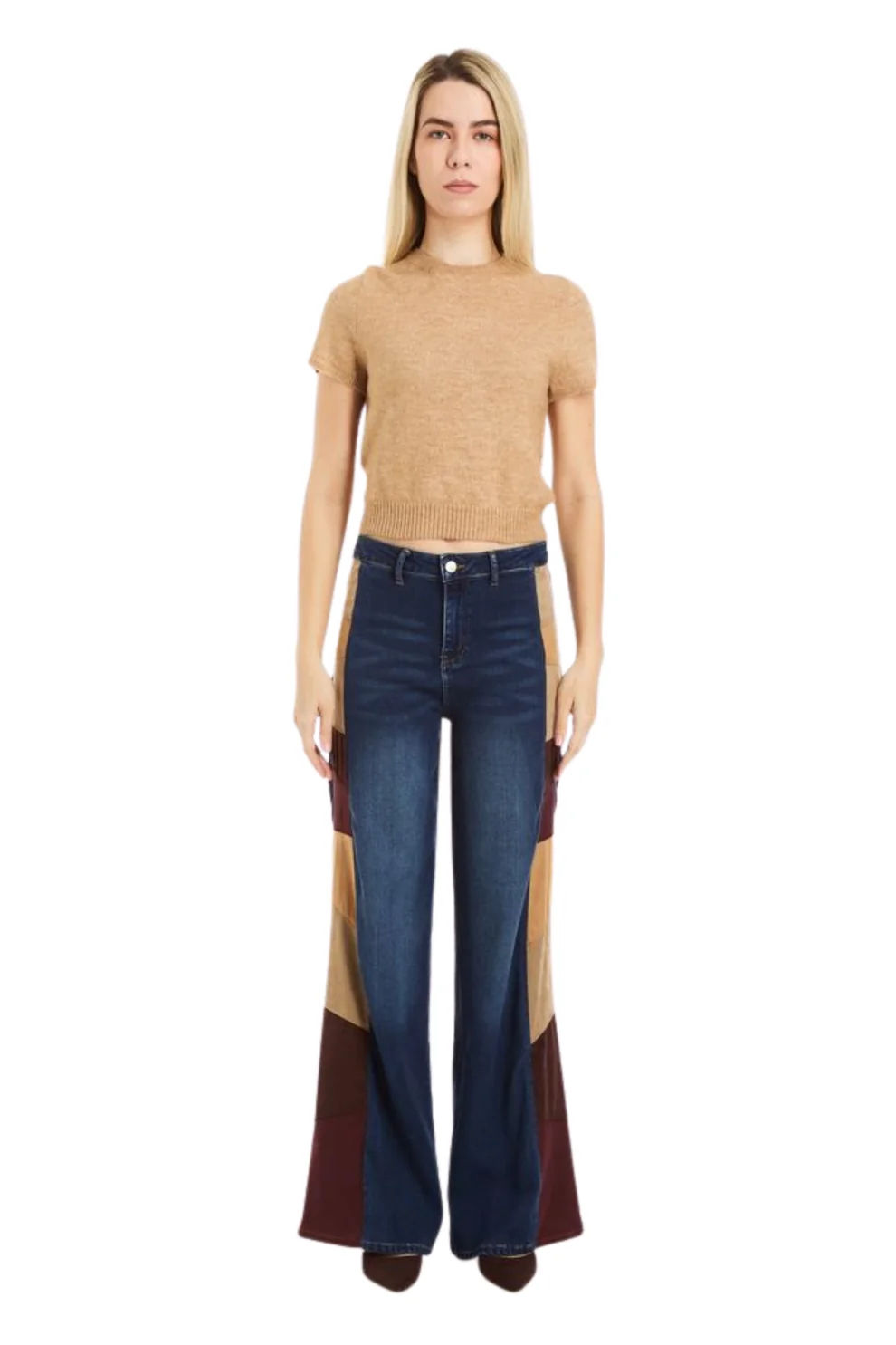 Tractr Suede Side Panel Denim Wide Leg