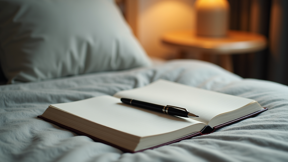 High angle view of a journal and pen on a bedside table