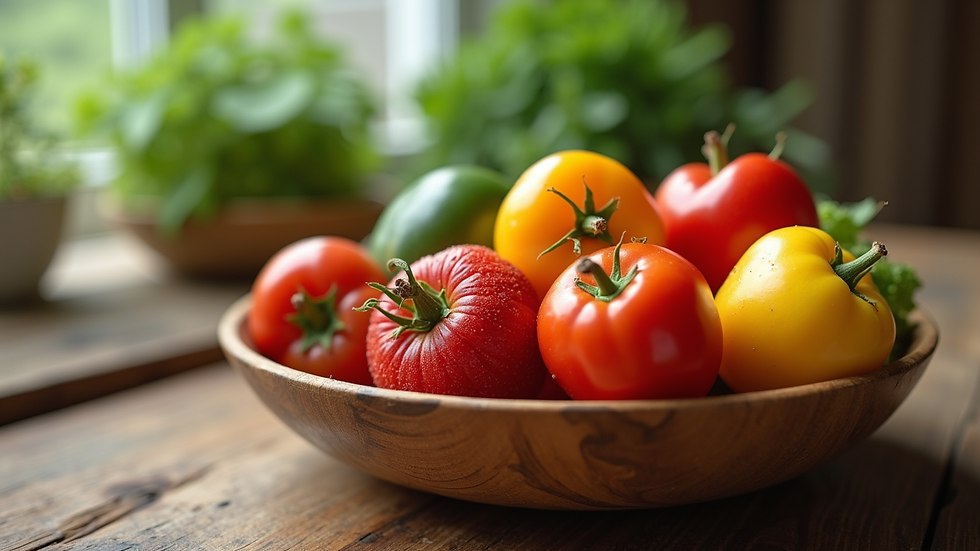 Close-up view of a bowl of fresh fruits and vegetables on a wooden table