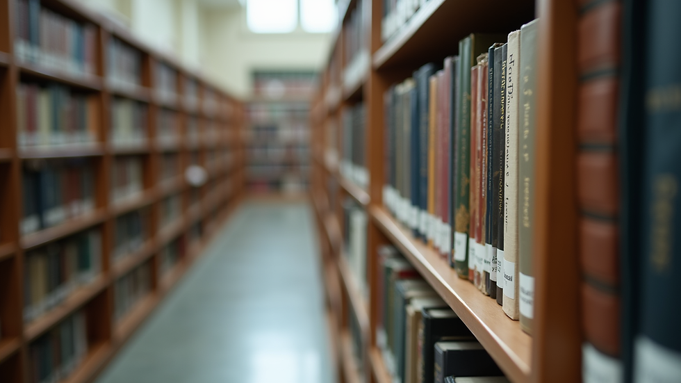 Close-up view of a college library with commerce books