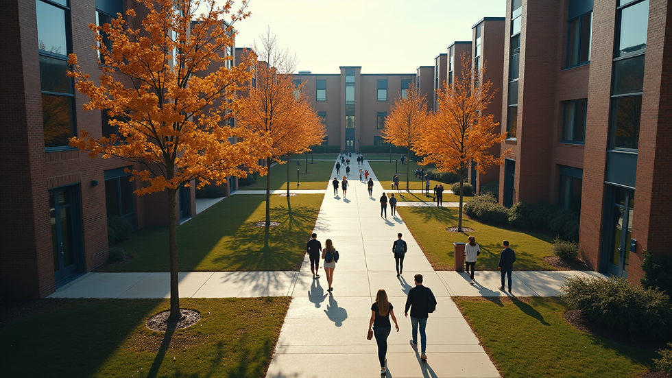 High angle view of a college campus with students walking between buildings