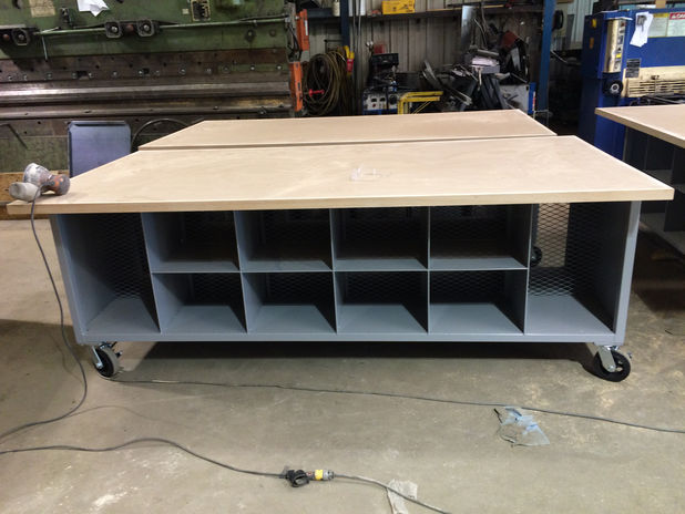 Worktable with integrated storage space. 