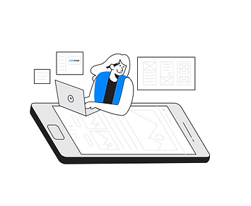 Mobile app design concept with a smartphone and wireframe mockups on a desk