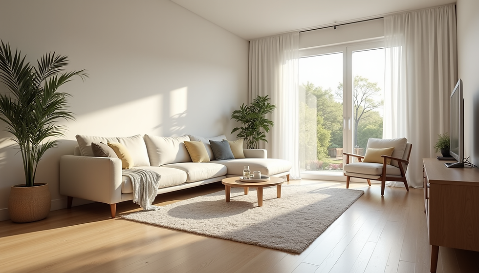 Eye-level view of a freshly cleaned modern living room with natural light