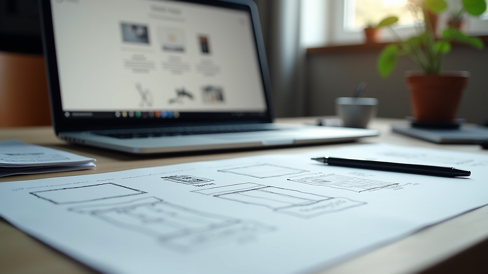Close-up view of a designer’s desk with sketches and a laptop showing website wireframes
