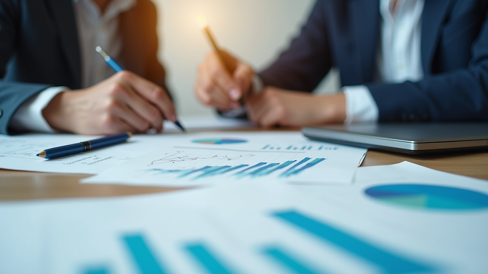 Close-up view of a business strategy meeting with charts and notes on a table