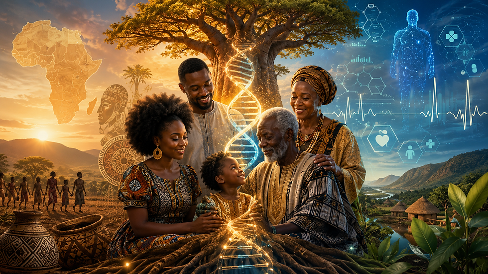 Illustration of the Triple H Framework connecting African heritage, genomic health, and healing through ancestry, DNA, culture, and family wellbeing.