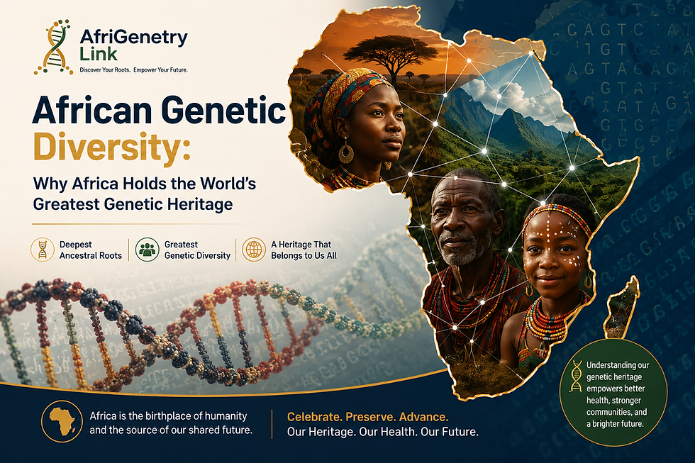 Illustration of Africa's genetic diversity featuring the African continent, DNA strands, and people representing the continent's rich ancestral heritage and genomic diversity.