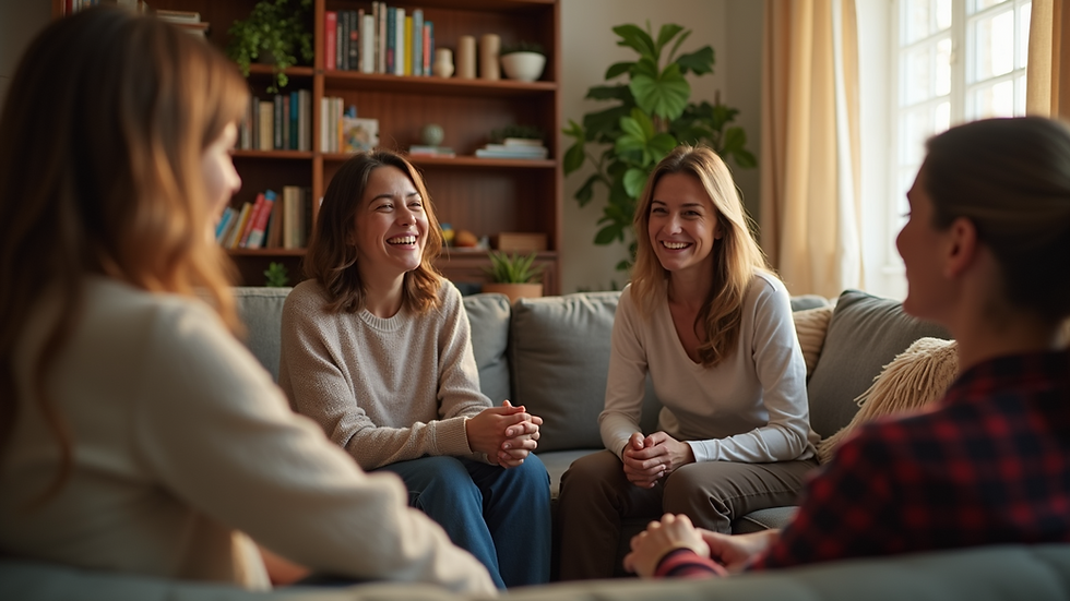 Eye-level view of a group of friends sitting together in a cozy living room, sharing stories and laughter