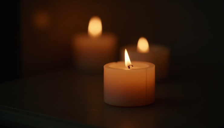 Eye-level view of a single candle glowing softly in a dim room