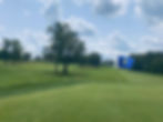 A golf green with a blue flag.